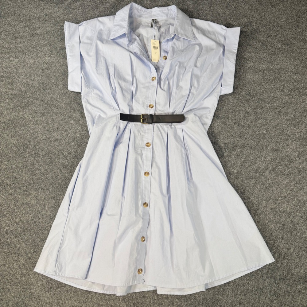 Anthropologie Shirt Dress Mini Pleated Belted Cotton Blue Size M New $158 Womens